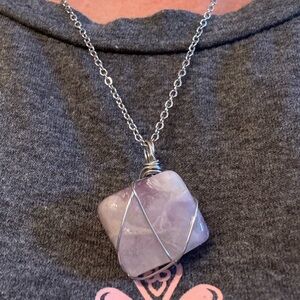 Chevron Amethyst tumbled Crystal silver wire wrapped stone with silver necklace